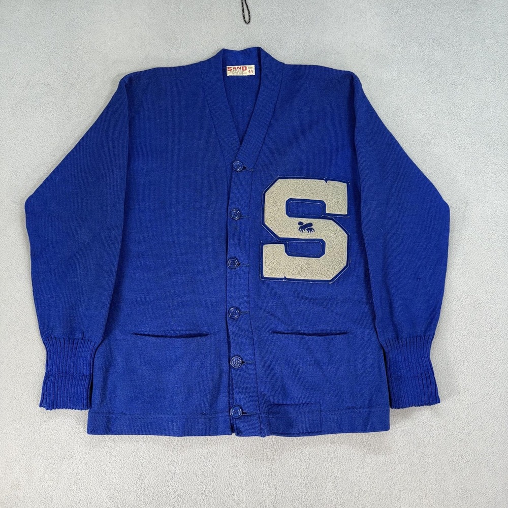 Vintage Sand Knit Letterman Cardigan Sweater Mens 44 Shaler Chenille Patch 60s